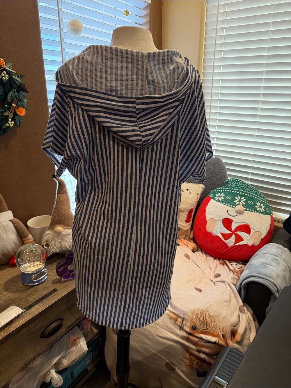 Time and Tru Navy & White Striped Hooded Lace-Up Swim Coverup - Picture 2 of 3